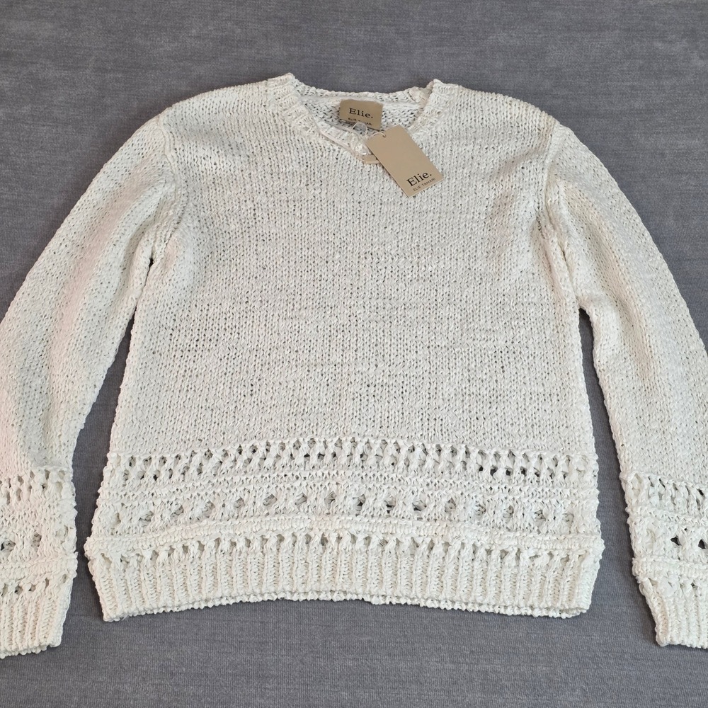 NWT Elie Tahari Womens Open Knit Crochet Hem Cotton Blend Sweater White Large